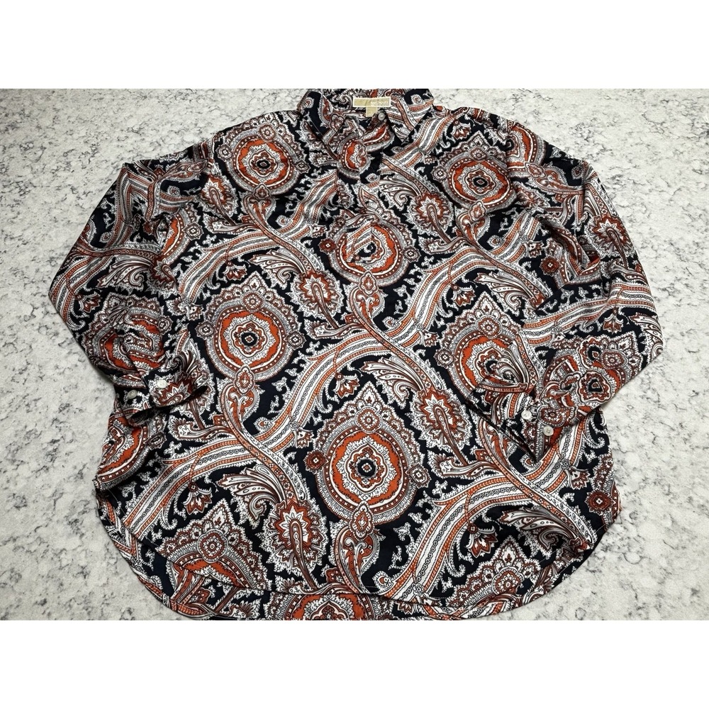 Michael Kors Women's L Paisley Button Front Blouse Orange Navy Long Sleeve Top